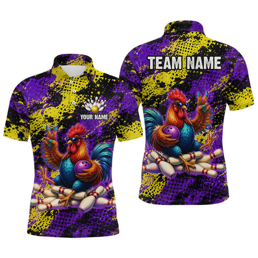 Maxcorners Purple & Yellow Chicken Bowling Shirt for Men Custom Bowling Jersey Rooster Polo & 1/4-Zip LM1705