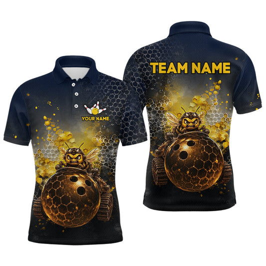Maxcorners Custom Black & Gold Funny Bee Bowling Shirt for Men Bowling League Jersey Polo & 1/4-Zip LM2806