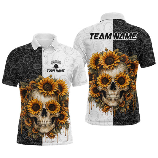 Maxcorners Custom Black & White Bowling Shirt Sunflower Skull Bowling Team Jersey for Men Bowling Outfit