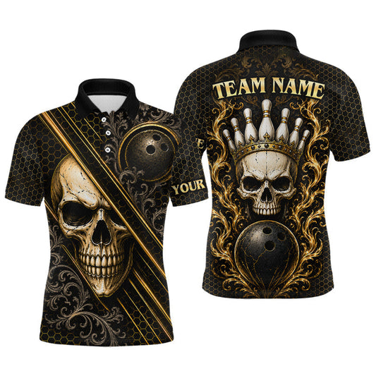 Maxcorners Black & Gold Skull Crown Bowling Shirt Bowling Jersey for Men League Polo & Quarter-Zip LM2405