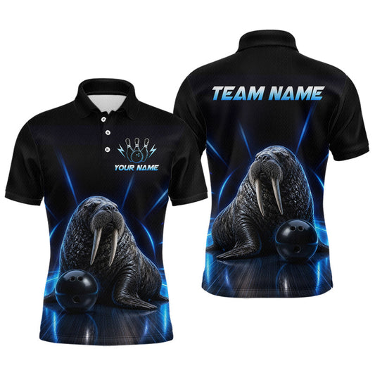 Maxcorners Neon Blue Walrus Bowling Shirt for Men Bowling Jersey Polo & Quarter-Zip Outfit LM2405