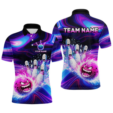 Maxcorners Custom Purple Blue Crazy Bowling Shirt for Men Polo & 1/4-Zip Bowling League Outfit
