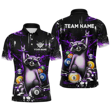 Maxcorners Custom Purple Funny Raccoon Billiard Shirt for Men 8 Ball & 9 Ball Pool Billiard Jersey Polo & 1/4-Zip