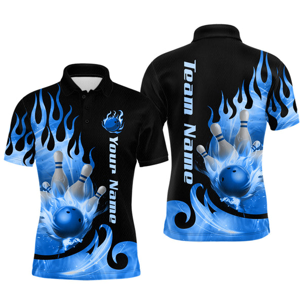 Maxcorners Blue Flame Bowling Team Shirt for Men Bowling League Jersey Polo & 1/4 Zip Bowling Outfit TU3009