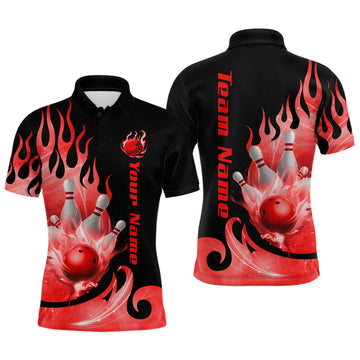 Maxcorners Red Flame Bowling Team Shirt for Men Bowling League Jersey Polo & 1/4 Zip Bowling Outfit LM1903