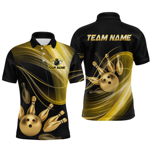 Maxcorners Custom Black and Gold Bowling Shirt for Men Bowling League Jersey Polo & 1/4 Zip Bowling Outfit