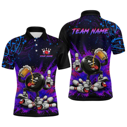 Maxcorners Custom Purple and Blue Funny Beer Bowling Shirt for Men Bowling Team Jersey Polo & 1/4 Zip Bowling Outfit LM2806