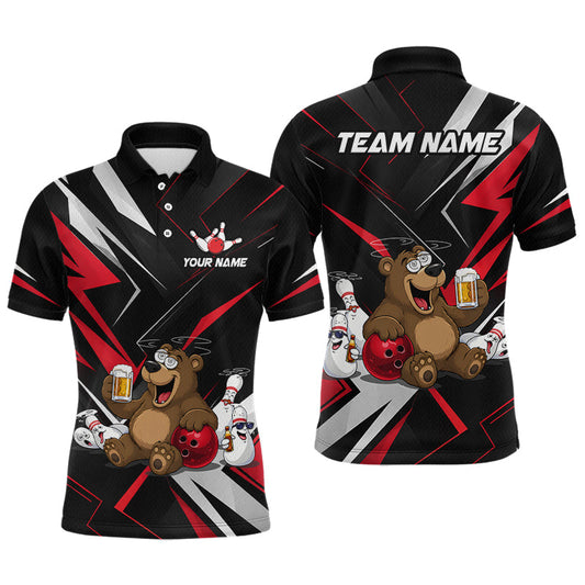 Maxcorners Custom Red Funny Bear and Beer Bowling Shirt for Men Bowling Team Jersey Polo & 1/4 Zip Bowling Outfit LM2806