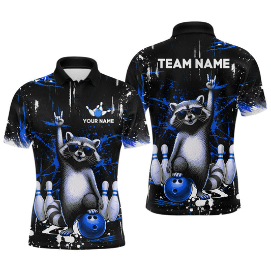Maxcorners Custom Blue Funny Raccoon Bowling Shirt for Men Bowling Jersey Polo & 1/4-Zip Bowling Outfit LM0404