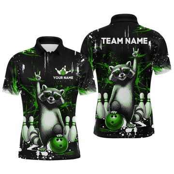 Maxcorners Custom Green Funny Raccoon Bowling Shirt for Men Bowling Jersey Polo & 1/4-Zip Bowling Outfit LM0404