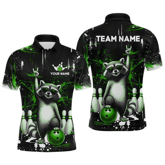 Maxcorners Custom Green Funny Raccoon Bowling Shirt for Men Bowling Jersey Polo & 1/4-Zip Bowling Outfit LM0404