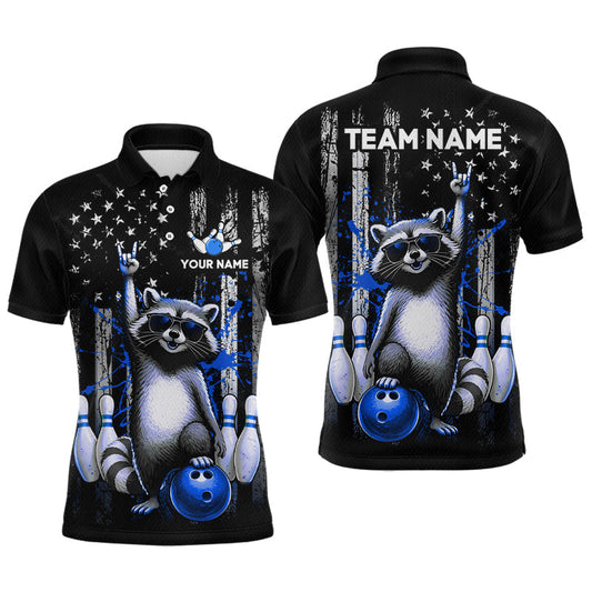 Maxcorners Custom American Flag Blue Raccoon Bowling Shirt for Men Bowling Team Jersey