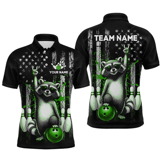 Maxcorners Custom American Flag Green Raccoon Bowling Shirt for Men Bowling Team Jersey