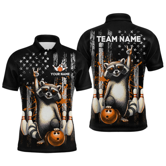 Maxcorners Custom American Flag Orange Raccoon Bowling Shirt for Men Bowling Team Jersey