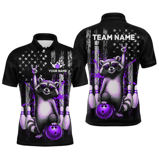 Maxcorners Custom American Flag Purple Raccoon Bowling Shirt for Men Bowling Team Jersey
