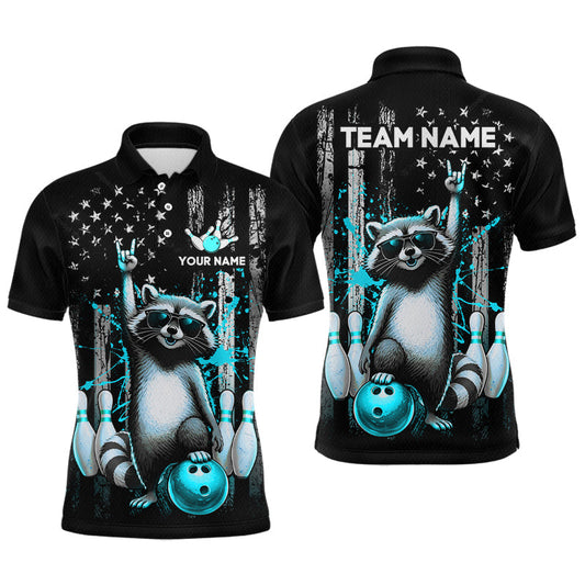 Maxcorners Custom American Flag Turquoise Raccoon Bowling Shirt for Men Bowling Team Jersey