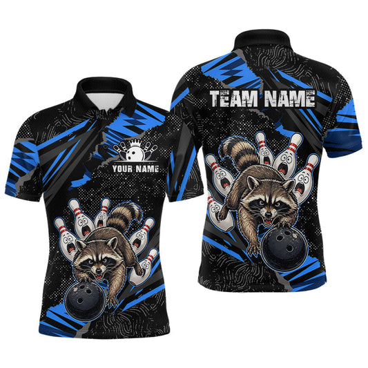 Maxcorners Personalized Blue Raccoon Bowling Shirt for Men Bowling Jersey League Polo & 1/4-Zip Outfit LM1705