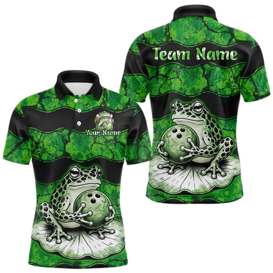 Maxcorners Custom Funny Green Frog Bowling Team Shirt Bowling Jersey for Men Polo & Quartar-Zip