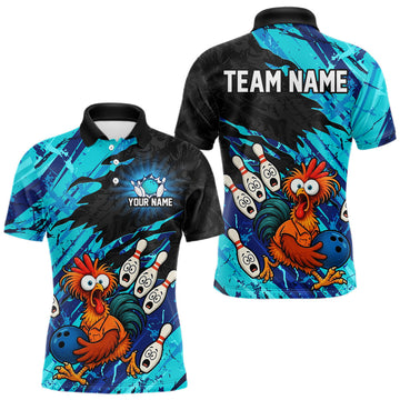 Maxcorners Custom Cyan Chicken Bowling Team Jersey Funny Bowling Shirt for Men Polo & Quarter-Zip