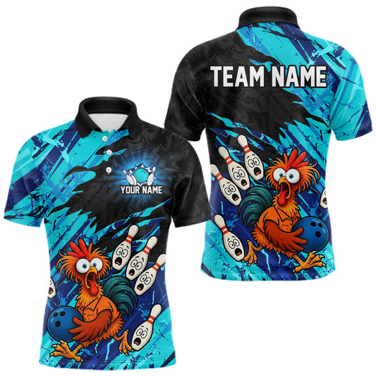 Maxcorners Custom Cyan Chicken Bowling Team Jersey Funny Bowling Shirt for Men Polo & Quarter-Zip