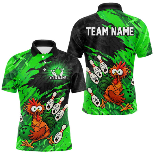 Maxcorners Custom Green Chicken Bowling Team Jersey Funny Bowling Shirt for Men Polo & Quarter-Zip
