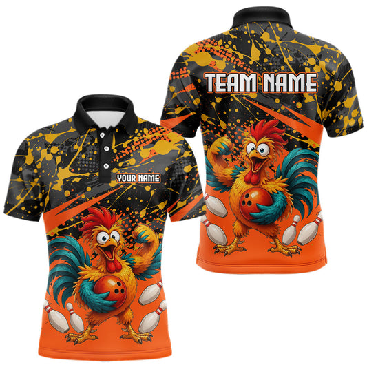 Maxcorners Custom Orange Chicken Bowling Team Shirt Funny Bowling Jersey for Men Polo & Quarter-Zip