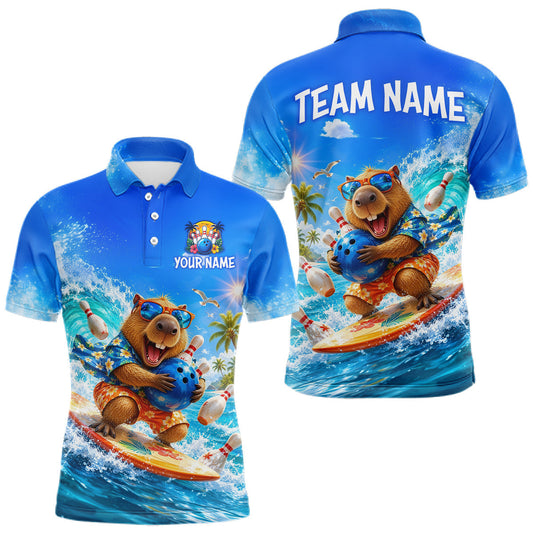 Maxcorners Custom Funny Capypara Surfing Bowling Team Shirt for Men Bowling Jersey League Polo & Quarter-Zip