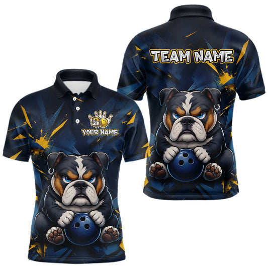 Maxcorners Custom Blue & Yellow Bulldog Bowling Team Shirt Bowling Jersey for Men Polo & 1/4-Zip Bowling Outfit