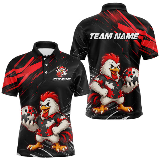 Maxcorners Custom Red Funny Autism Chicken Bowling Shirt for Men Bowling League Jersey Polo & Quarter-Zip LM1705