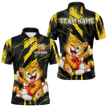 Maxcorners Custom Black and Yellow Cat Bowling Team Jersey Funny Bowling Shirt for Men Polo & 1/4 Zip Bowling Outfit