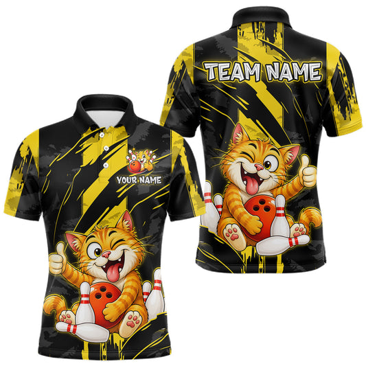 Maxcorners Custom Black and Yellow Cat Bowling Team Jersey Funny Bowling Shirt for Men Polo & 1/4 Zip Bowling Outfit