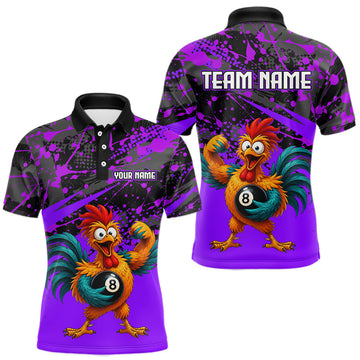 Maxcorners Custom Purple Funny Chicken Billiard Shirt, 8 Ball Pool Team Jersey for Men, Polo & 1/4 Zip