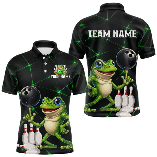 Maxcorners Green Funny Frog Bowling Shirt for Men Custom Bowling Jersey Polo & 1/4 Zip LM1705