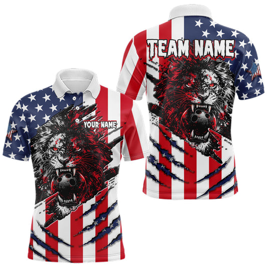 Maxcorners Custom American Flag Lion Bowling Shirt for Men Bowling Team Jersey Polo & Quarter-Zip Uniform