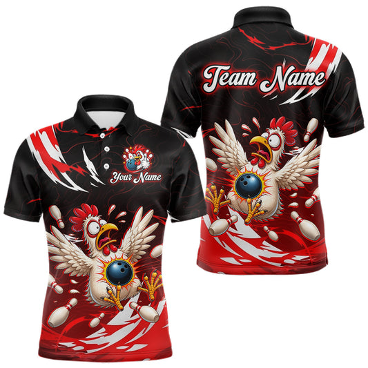 Maxcorners Custom Red Funny Chicken Bowling Shirt for Men Bowling Team Jersey Polo & Quarter-Zip Outfit