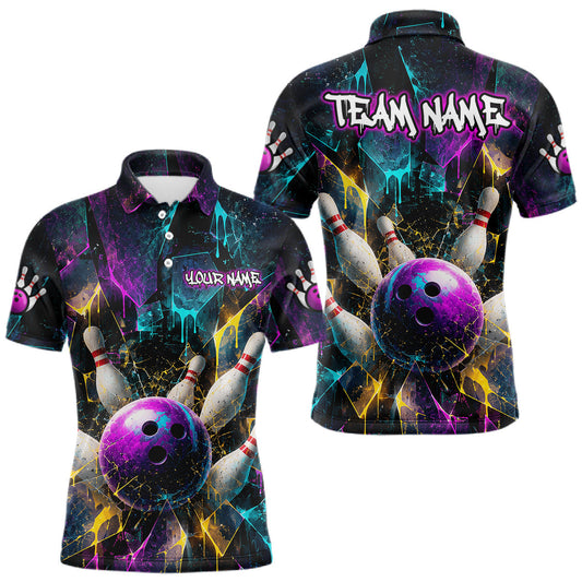 Maxcorners Custom Colorful Shattered Glass Bowling Shirt for Men Bowling Team Jersey Polo & 1/4-Zip Bowling Outfit