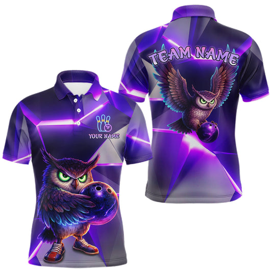 Maxcorners Personalized Purple Neon Owl Bowling Shirt for Men Bowling Jersey Gift for Bowler Polo & 1/4-Zip LM2603