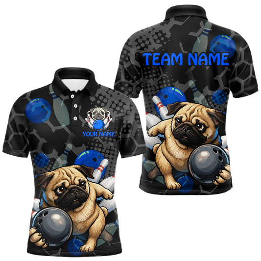 Maxcorners Custom Blue Funny Pug Dog Bowling League Shirt for Men Polo & 1/4-Zip Bowling Jersey for Team LM2603