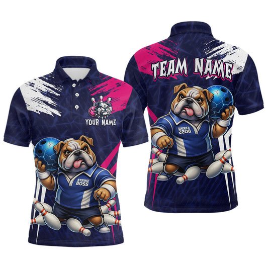 Maxcorners Personalized Funny Bulldog Bowling League Shirt Polo & 1/4 Zip Navy Bowling Jersey for Men LM2603