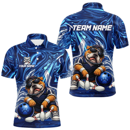 Maxcorners Custom Blue Funny Bulldog Bowling Team Shirt Bowling Jersey Polo & 1/4 Zip Bowling Unisex for Men LM1705