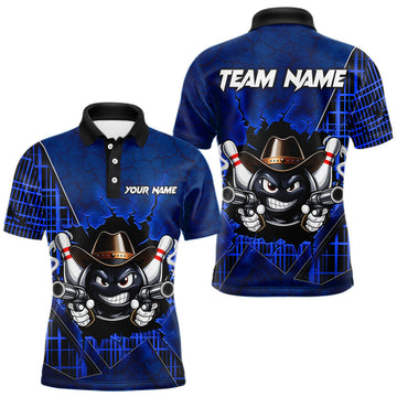 Maxcorners Custom Blue Funny Cowboy Gun Bowling Shirt for Men Bowling Team Jersey Bowling Polo & Quarter-Zip