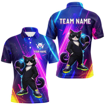 Maxcorners Personalized Neon Funny Cat Bowling Team Shirt for Men Bowling League Jersey Polo & Quarter-Zip Bowling Outfit