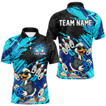 Maxcorners Cyan Funny Duck Bowling Shirt for Men Custom Bowling Team Jersey Bowling League Polo & Quarter-Zip