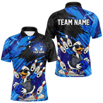 Maxcorners Blue Funny Duck Bowling Shirt for Men Custom Bowling Team Jersey Bowling League Polo & Quarter-Zip