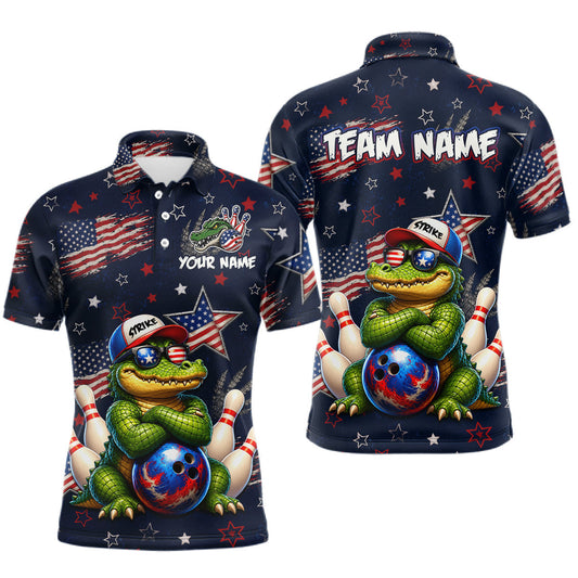 Maxcorners Custom American Flag Alligator Bowling Shirt for Men Patriotic Bowling Jersey Polo & 1/4-Zip LM1705