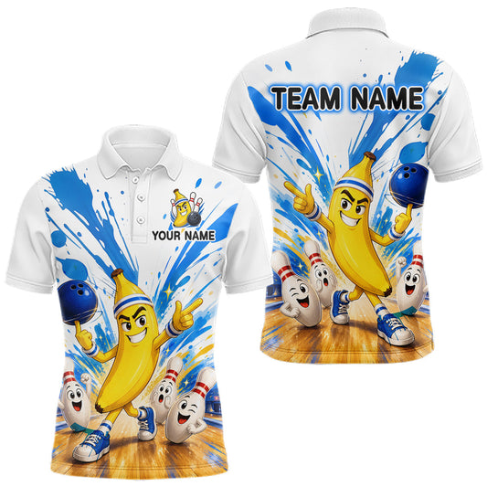 Maxcorners Custom Blue & White Funny Banana Bowling Team Shirt for Men Bowling Jersey Outfit Polo & Quarter-Zip LM1406