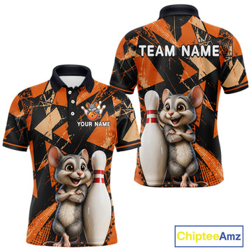 Maxcorners Black & Orange Funny Mouse Bowling Team Shirt for Men Custom Bowling Jersey Polo & Quarter-Zip LM1705