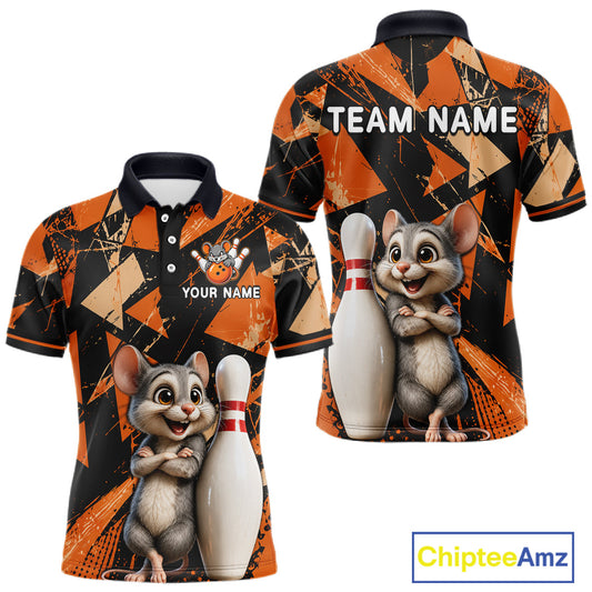 Maxcorners Black & Orange Funny Mouse Bowling Team Shirt for Men Custom Bowling Jersey Polo & Quarter-Zip LM1705