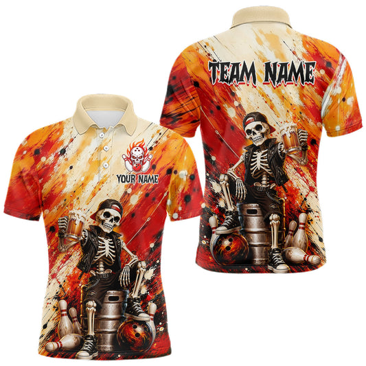 Maxcorners Orange Skeleton & Beer Bowling Shirt for Men Custom Bowling League Jersey Polo & Quarter-Zip