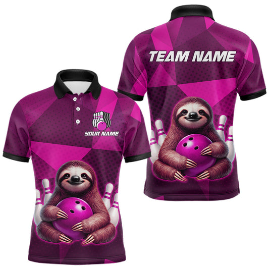 Maxcorners Pink Funny Sloth Bowling Shirt for Men Custom Bowling Jersey Polo & Quarter-Zip Bowling Outfit LM2704